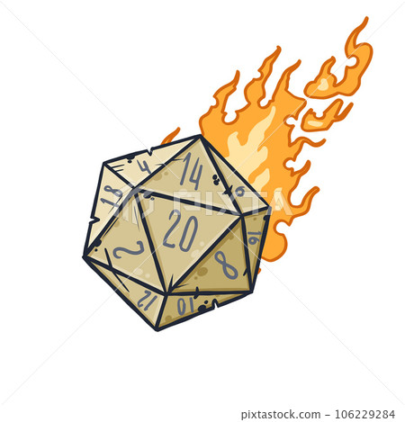 20 sided dice with numbers. Cartoon dice for fantasy dnd and rpg Board game. Magic fire isolated on white 106229284