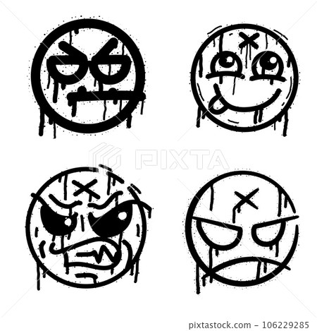 Graffiti grunge face. Cartoon aerosol fun expression. Spray funky paint art with leak and dot. Street art and urban vandalism symbol. Black grungy spill character isolated on white 106229285