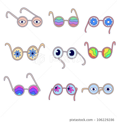 Groovy sunglasses with deco elements. 70s, 80s, 90s vibes funky sticker. Retro psychedelic glasses vector illustration. Vintage nostalgia element for card, poster design and print 106229286