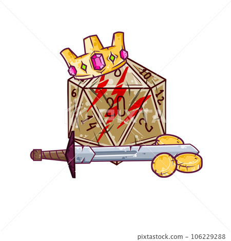 Dice d20 for playing Dnd. Dungeon and dragons board game with sword, gold crown. Cartoon outline drawn illustration Dice d20 for playing Dnd. Dungeon and dragons board game with sword, gold crown. Cartoon outline drawn illustration 106229288