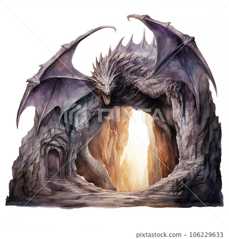 A fantasy painting of a dragon cave. Watercolor illustration isolated on white background. 106229633