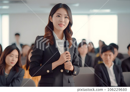 一位女士在研討會上提問 1 AI 生成的圖像 106229680