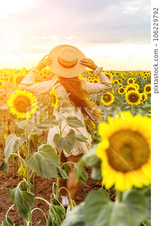Woman sunflower field. Happy girl in blue dress and straw hat posing in a vast field of sunflowers at sunset. Summer time. Woman sunflower field. Happy girl in blue dress and straw hat posing in a vast field of sunflowers at sunset. Summer time. 106229792