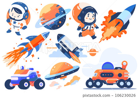 Hand Drawn Set of astronauts and space objects in flat style 106230026