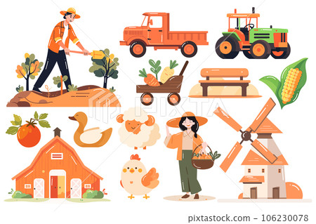 Hand Drawn Set of Farmer and farm objects in flat style Hand Drawn Set of Farmer and farm objects in flat style 106230078
