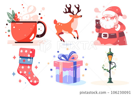 Hand Drawn Set of Santa Claus with Christmas objects in flat style 106230091