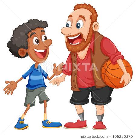 Middle age caucasian man playing basketball with Afro African boy 106230370