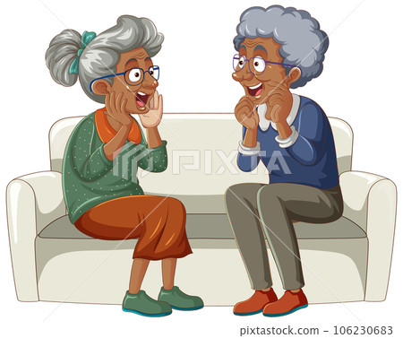 Elderly people talking and sitting on couch 106230683