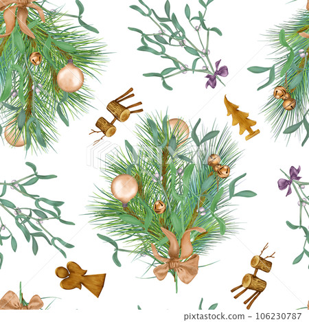 Christmas seamless pattern with branch of mistletoe, pine and wooden toy digital illustration isolated on white. Christmas decorations, bells, ball hand drawn. Print for textile, wrapping, paper Christmas seamless pattern with branch of mistletoe, pine and wooden toy digital illustration isolated on white. Christmas decorations, bells, ball hand drawn. Print for textile, wrapping, paper 106230787