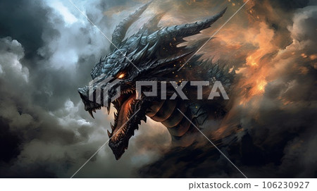 Portrait of black dragon in smoke and fire Portrait of black dragon in smoke and fire 106230927