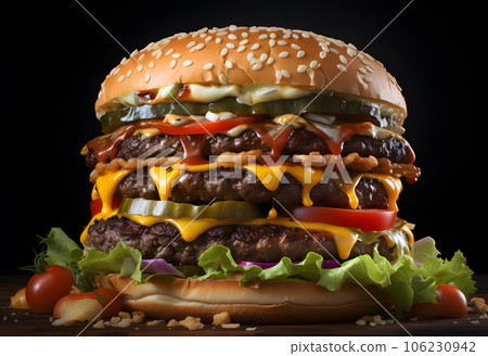 Big tasty cheeseburger with meat, cheese and vegetables on black background 106230942