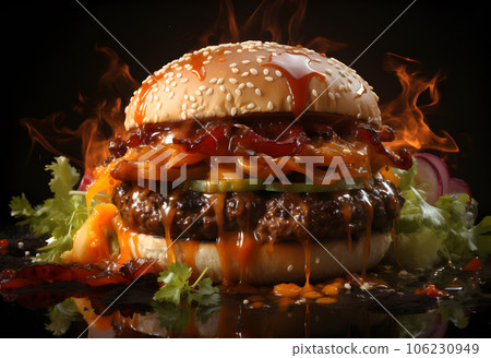 Closeup of tasty hamburger on black background with flames and reflection Closeup of tasty hamburger on black background with flames and reflection 106230949