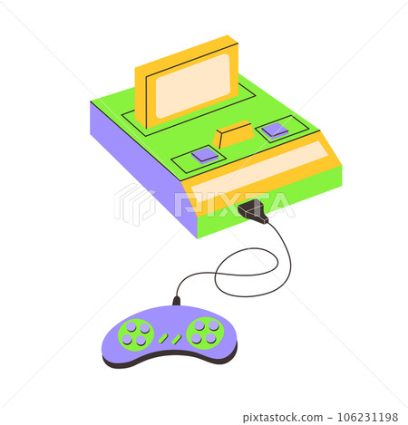 Retro game console with joystick. Gamepad. Old vintage device 80s, 90s nostalgic. Old School gamer gadget. 106231198