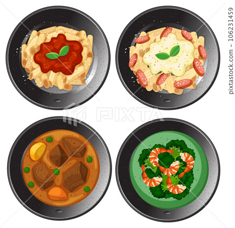 Delicious Western Food Cuisine with Pasta, Stew, and Prawn Salad 106231459