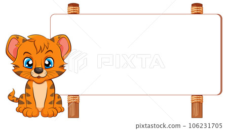 Playful Tiger Cartoon Standing in Front of Signboard Banner Playful Tiger Cartoon Standing in Front of Signboard Banner 106231705