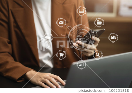 Digital marketing technology concept, Business women use smartphone connection technology and digital marketing 106231818