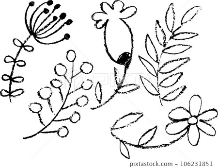 Hand Drawn Cartoon Chalk Flowers, Berries and Leaves. Hand Drawn Cartoon Chalk Flowers, Berries and Leaves. 106231851