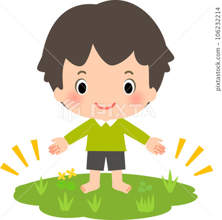 接地，一個男孩赤腳站在地上 106232214