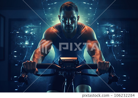 Young man during workout on a smart exercise bike. Young man during workout on a smart exercise bike. 106232284