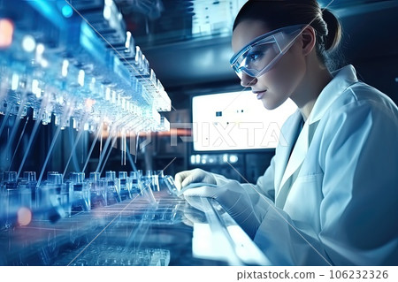 Female researcher in protective eyeglasses working in a laboratory. 106232326