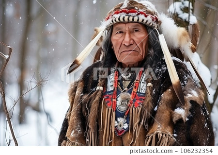 Portrait of native american indian with tribal headdress. Portrait of native american indian with tribal headdress. 106232354