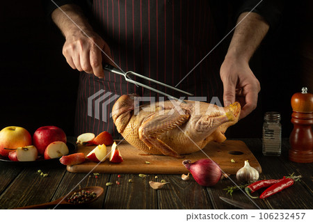 Cooking duck for lunch by the chef's hands. Raw duck with apples and spices on the kitchen table. Fork in the cook hand Cooking duck for lunch by the chef's hands. Raw duck with apples and spices on the kitchen table. Fork in the cook hand 106232457