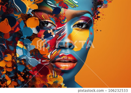 Modern pop art collage of closeup portrait of beautiful woman with pain on her face on orange background. Generative AI 106232533