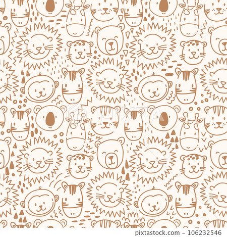 Beautiful kids vector seamless pattern with cute hand drawn safari animal faces. Children stock lion tiger bear zebra monkey illustratrion. 106232546