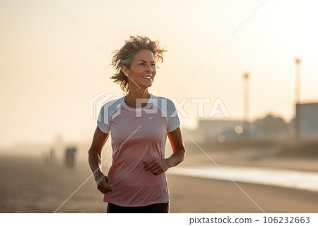 Middle aged Caucasian woman during jogging workout on the beach. 106232663