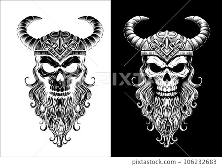 Viking Warrior Skull Man Mascot Face in Helmet 106232683