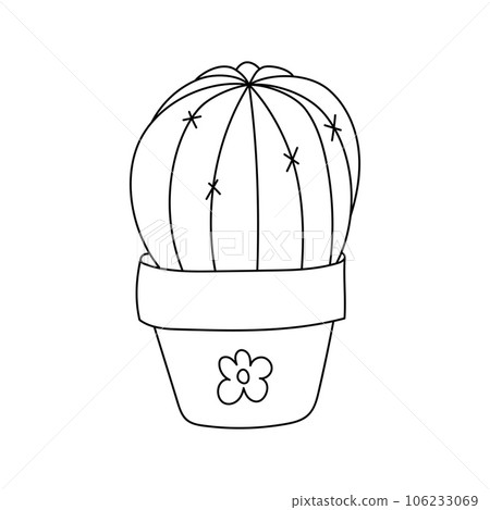 Hand drawn cute cactus in flower pot with flower in doodle style. Succulent home plant. Black and white outline vector illustration isolated on a white background. 106233069