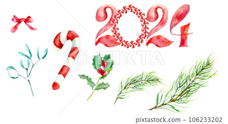 New Year Abd Christmas Set Watercolor 2024 Stock Illustration   106233202 