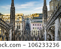 View from Milan Cathedral rooftop. In addition to figurative sculptures, the facade incorporates intricate floral and decorative details. 106233236