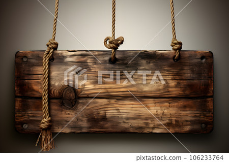 small Vintage old wooden sign hanging rope isolated on white background Generative AI 106233764