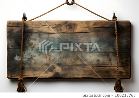 small Vintage old wooden sign hanging rope isolated on white background Generative AI 106233765