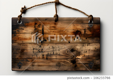 small Vintage old wooden sign hanging rope isolated on white background Generative AI 106233766