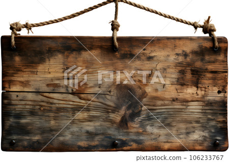 small Vintage old wooden sign hanging rope isolated on white background Generative AI 106233767
