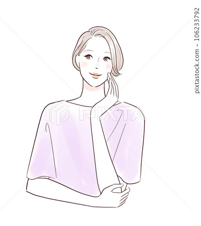 一位微笑的中年婦女把手放在臉頰上 一位微笑的中年婦女把手放在臉頰上 106233792