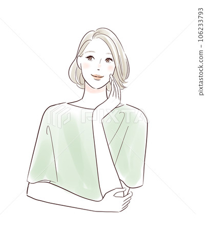 一位中年婦女把手放在臉頰上微笑 一位中年婦女把手放在臉頰上微笑 106233793