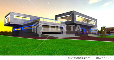 Starry night above cozy modern private house built on the green lawn. White illuminated borders. 3d rendering. Starry night above cozy modern private house built on the green lawn. White illuminated borders. 3d rendering. 106233828