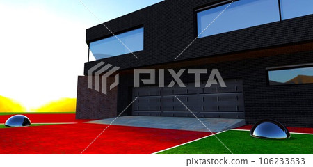 The entrance to the garage with heavy steel gate. Black brick facade. Beautiful mountains sunset behind the house. 3d rendering. 106233833