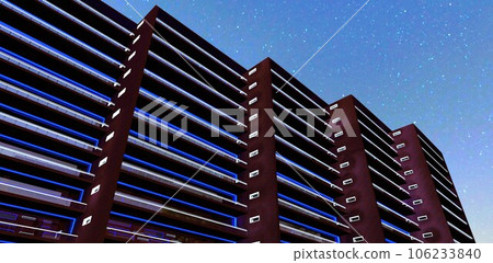 View from below of a magnificent apartment building at night. Blue straight lines of illumination. Sunset reflection. 3D rendering. 106233840