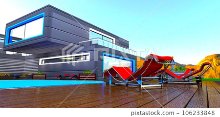 Red sun loungers on the deck near the pool in the yard of the private mansion built in the mountains. 3d rendering. 106233848
