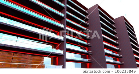 Red window arches illumination of the advanced apartment house recently constructed for refugees from Ukraine. 3d rendering. Red window arches illumination of the advanced apartment house recently constructed for refugees from Ukraine. 3d rendering. 106233849