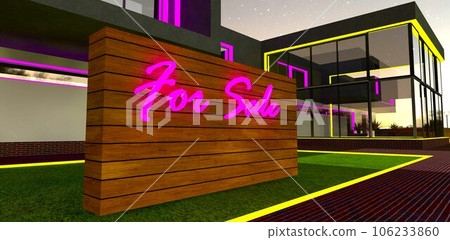 Neon advertisement on the board for sale attracts the attention of the potential buyer of the property. 3d rendering. 106233860