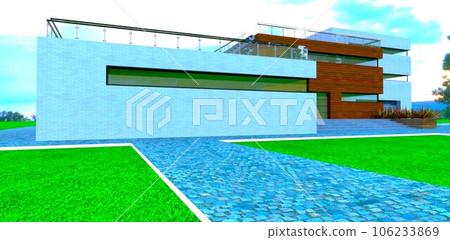 Paved pedestrian to the house finished with white brick tile. Long narrow windows. View of the porch. 3d rendering. 106233869