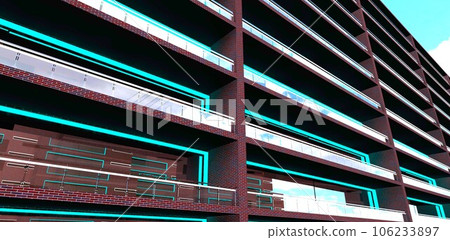 European style of the apartment housing exterior finishing. Red brick tile looks well with large reflective windows. 3d rendering. European style of the apartment housing exterior finishing. Red brick tile looks well with large reflective windows. 3d rendering. 106233897