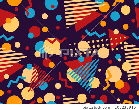 Memphis seamless pattern with geometric shapes in 80s style. Abstract colorful background design for brochures, banners and promotional items. Vector illustration 106233919