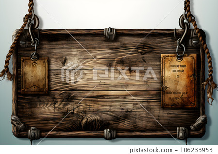 small Vintage old wooden sign hanging rope isolated on white background Generative AI small Vintage old wooden sign hanging rope isolated on white background Generative AI 106233953