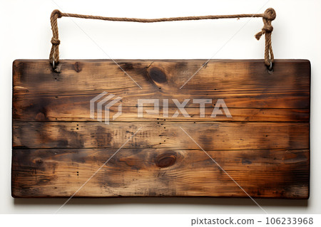 small Vintage old wooden sign hanging rope isolated on white background Generative AI 106233968
